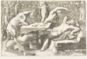 Satyr versucht Silenus mit einer Weinrebe zu wecken