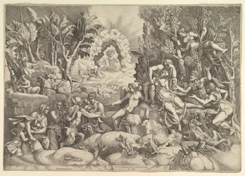 Der Tod von Procris, Cephalus trauert um den Tod von Procris auf der rechten Seite umgeben von..., ca. 1540