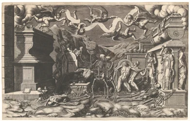 Die Vision von Ezechiel, eine Gruppe von Leichen und Skeletten, die aus Gräbern auftauchen, über ihnen, 1554