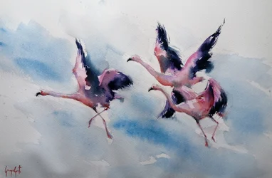 Rosafarbene Flamingos im Flug