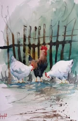 Bauernhofhühner in Aquarell