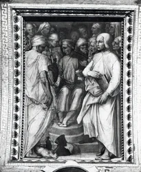 Cosimo de Medici sitzt unter Philosophen und Künstlern in der Sala di Cosimo il Vecchio