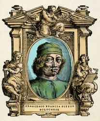 Porträt von Francesco Francia (1450-1517) italienischer Maler. Gravur aus dem Werk "Lebensläufe der ausgezeichnetsten Maler, Bildhauer und Architekten" (Le Vite de