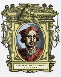 Porträt von Vincenzo Tamagni (Vincenzo da San Gimignano) (1492-1530) italienischer Maler. Gravur aus dem Werk "Lebensläufe der ausgezeichnetsten Maler, Bildhauer und Architekten" (Le Vite de