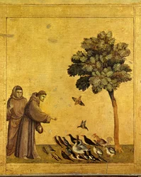 Heiliger Franz von Assisi predigt den Vögeln. Detail der Predella von St. Franziskus von Assisi, der die Stigmata empfängt. Gemälde von Giotto Di Bondone