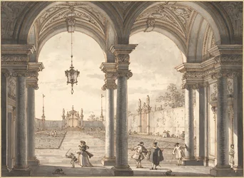 Blick durch eine barocke Kolonnade in einen Garten, 1760-1768