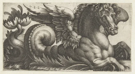 Geflügeltes Seepferd mit einem offenen Blatt am Ende seines Schwanzes, aus dem zwei Staubblätter ragen. Friese mit Seeungeheuern (Serientitel)