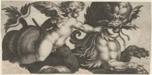 Putto füttert ein Seemonster mit einem Blatt