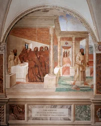 Benedikt zerbricht ein Glas vergifteten Weins, indem er das Kreuzzeichen macht, Fresko des Kreuzgangs von Antonio Bazzi genannt il Sodoma (1477 - 1549), das das Leben von St. Benedikt von Nursia (480 - 567) erzählt, Gründer des Benediktinerordens 1503 - 15