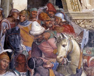 Wie Benedikt den beiden jungen Römern Maurus und Placidus begegnet (der heilige Benedikt begegnet den jungen Novizen Maurus und Placidus). Detail eines Kreuzgangfreskos von Antonio Bazzi, genannt Il Sodoma (1477-1549), das vom Leben des heiligen Benedikt