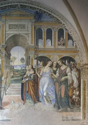 Florentius schickt die Dirnen ins Kloster, Szene aus dem Leben des heiligen Benedikt
