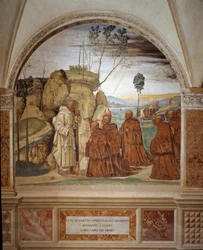 Wie Benedikt auf das Gebet der Einsiedler antwortet und zustimmt, ihr Anführer zu sein, Fresko des Kreuzgangs von Antonio Bazzi genannt il Sodoma (1477 - 1549), das das Leben von St. Benedikt von Nursia (480 - 567) erzählt, Gründer des Benediktinerordens 1