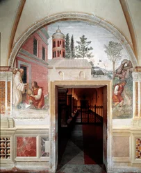 Wie Benedikt eine Schlange in den Wein verwandelt, den ein Diener vor ihm versteckt hat (Detail)