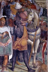 Wie Benedikt den beiden jungen Römern Maurus und Placidus begegnet (der heilige Benedikt begegnet den jungen Römern Maurus und Placidus). Detail des Gefolges junger Männer. Fresko des Kreuzgangs von Antonio Bazzi, genannt il Sodoma (1477-1549), das vom