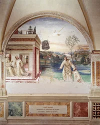 Maurus geht auf dem Wasser, um St. Placidus zu retten, Fresko des Kreuzgangs von Antonio Bazzi genannt il Sodoma (1477 - 1549), das das Leben von St. Benedikt von Nursia (480 - 567) erzählt, Gründer des Benediktinerordens