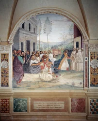 St. Benedikt trägt den Leib Christi auf dem Körper des Mönchs, den die Erde nicht begraben will, Fresko des Kreuzgangs von Antonio Bazzi genannt il Sodoma (1477 - 1549), das das Leben von St. Benedikt von Nursia (480 - 567) erzählt, Gründer des Benediktine