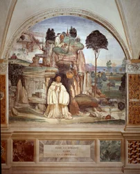 Der Dämon zerbricht die Glocke - Fresko des Kreuzgangs von Antonio Bazzi genannt il Sodoma (1477 - 1549), das das Leben von St. Benedikt von Nursia (480 - 567) erzählt, Gründer des Benediktinerordens 1503 - 1508, Abtei von Monte Oliveto Maggiore