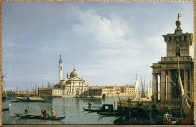 Die Insel San Giorgio Maggiore, Venedig, mit der Punta della Dogana und zahlreichen Schiffen