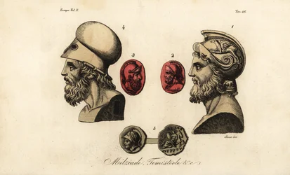 Büsten und Edelsteine der athenischen Politiker Miltiades der Jüngere 1,2, Themistokles 3,4, und König Pyrrhus I 5