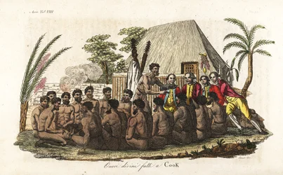 Hawaiianische Eingeborene bieten Captain James Cook ein Opferferkel vor 12 Priestern und einem Holzidol im heiligen Orono-Haus an. Handkolorierte Kupferstichgravur von Sasso nach John Webber aus Giulio Ferrarios 