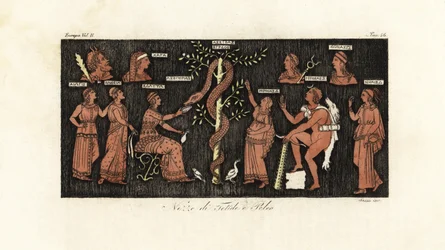 Herakles bei seiner 11. Arbeit, goldene Äpfel aus dem Garten der Hesperiden nehmend, bewacht von der Schlange Ladon