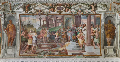 Geschichten von Odysseus: Detail des Spiels des Steinewerfens am Hof der Phäaken, ca. 1560 (Detail)