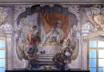 Hannibal (247 v. Chr. bis 183 v. Chr.) befiehlt die Freilassung eines Gefangenen. Fresko von Giambattista Tiepolo (1696 - 1770). Palazzo Dugnani in Mailand