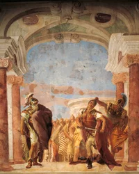 Minerva hält Achilles davon ab, Agamemnon zu töten, Fresko, Ilias-Saal, Villa Valmarana ai Nani, Vicenza, Italien