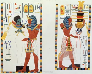 Zwei Wandmalereien aus den Gräbern der Könige von Theben, entdeckt von G. Belzoni, Tafel 5 aus „Bildtafeln zur Veranschaulichung der Forschungen in Ägypten und Nubien“, gestochen von Charles Hullmandel (1789-1850), 1820-22