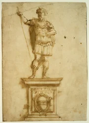 Statue eines stehenden Kriegers auf einem Sockel