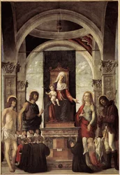 Heilige Konversation, Jungfrau mit Kind umgeben von St. Johannes dem Täufer, St. Sebastian, St. Rochus, St. Maria Magdalena