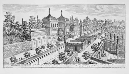 Garten des Herzogs von Parma auf dem Palatin-Hügel, Blick auf Campo Vaccino, Rom, aus 