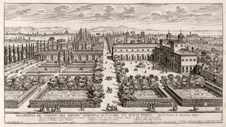 Perspektive der Gärten der Villa Medici in Rom, Gravur aus 