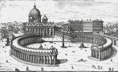 Vatikanstadt, Blick auf die Piazza San Pietro mit der Basilika St. Peter und den Vatikanischen Palästen, Gravur von Giovanni Battista Falda. 1665