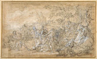 Gefangene, darunter ein Bischof, werden vor den Triumphwagen eines römischen Generals geschleppt und gebunden