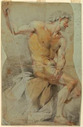 Zeichnung, Studie eines nackten älteren Mannes, Bacchus oder einer seiner Gefährten