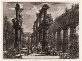 A., B. Ansicht der Überreste der beiden Säulenreihen im Tempel des Neptun, die ursprünglich die Kolonnaden entlang der Seiten der Cella bildeten und den obersten Teil des Daches stützten, aus Verschiedene Ansichten von Paestum