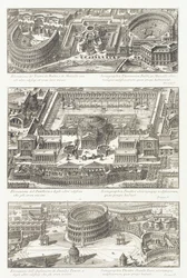 Vogelperspektiven: die Balbo- und Marcello-Theater, das Pantheon und die Umgebung, und das Statilio Tauro Amphitheater