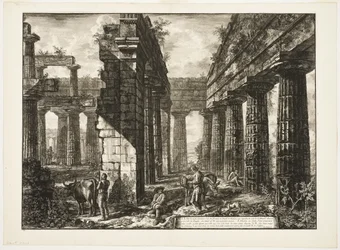 Innenansicht der Überreste eines der Pronaoi des Neptuntempels, der landeinwärts gerichtet ist, aus Verschiedene Ansichten von Paestum