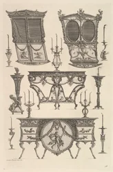 Verschiedene Möbel, darunter zwei Sänften, ein Beistelltisch und eine Kommode, ca. 1769