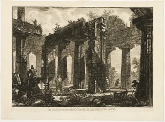 Rückansicht der Überreste des Pronaos des Neptuntempels, gezeichnet in den beiden vorhergehenden Platten, aus Verschiedene Ansichten von Paestum