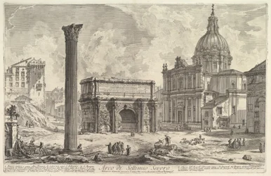 Der Septimius-Severus-Bogen mit der Kirche Santa Martina rechts (Septimius-Severus-Bogen), aus „Vedute di Roma“