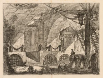 Die Gefängnisse: Eine gewölbte Kammer mit Pfosten und Ketten, 1745-1750