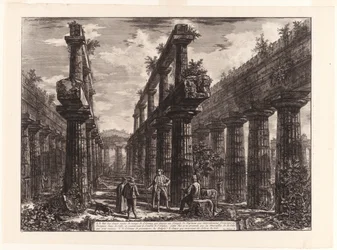 Ansicht der Überreste der zwei Säulenreihen im Tempel des Neptun, die ursprünglich die Kolonnaden entlang der Seiten der Cella bildeten und den obersten Teil des Daches stützten, aus Verschiedene Ansichten von Paestum