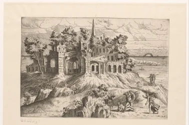 Landschaft mit Ruinen am Wasser und einer auf- oder untergehenden Sonne