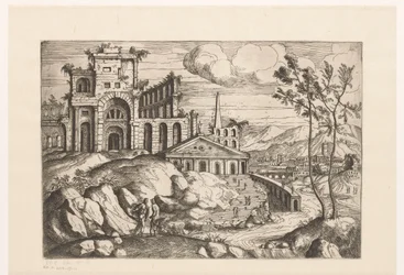 Landschaft mit Ruinen und Fantasiearchitektur an fließendem Wasser mit Wasserfall