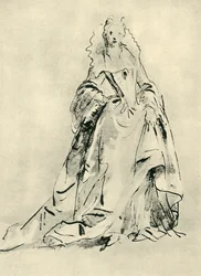 Eine Dame in einem Kleid mit hohem Kragen und spitzem Mieder, frühes 18. Jahrhundert, 1943