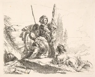 Drei Soldaten und ein auf dem Bauch liegender Jugendlicher in einer Landschaft, die Soldaten tragen..., ca. 1740-42