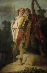 Junger Mann mit Bogen und großem Köcher und sein Begleiter mit einem Schild, früher als Telemachus und Mentor bezeichnet