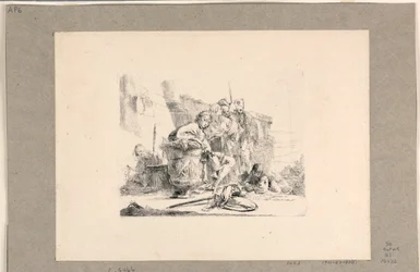 Junger Mann sitzt bei einer Urne und andere Figuren, aus den Vari Capricci